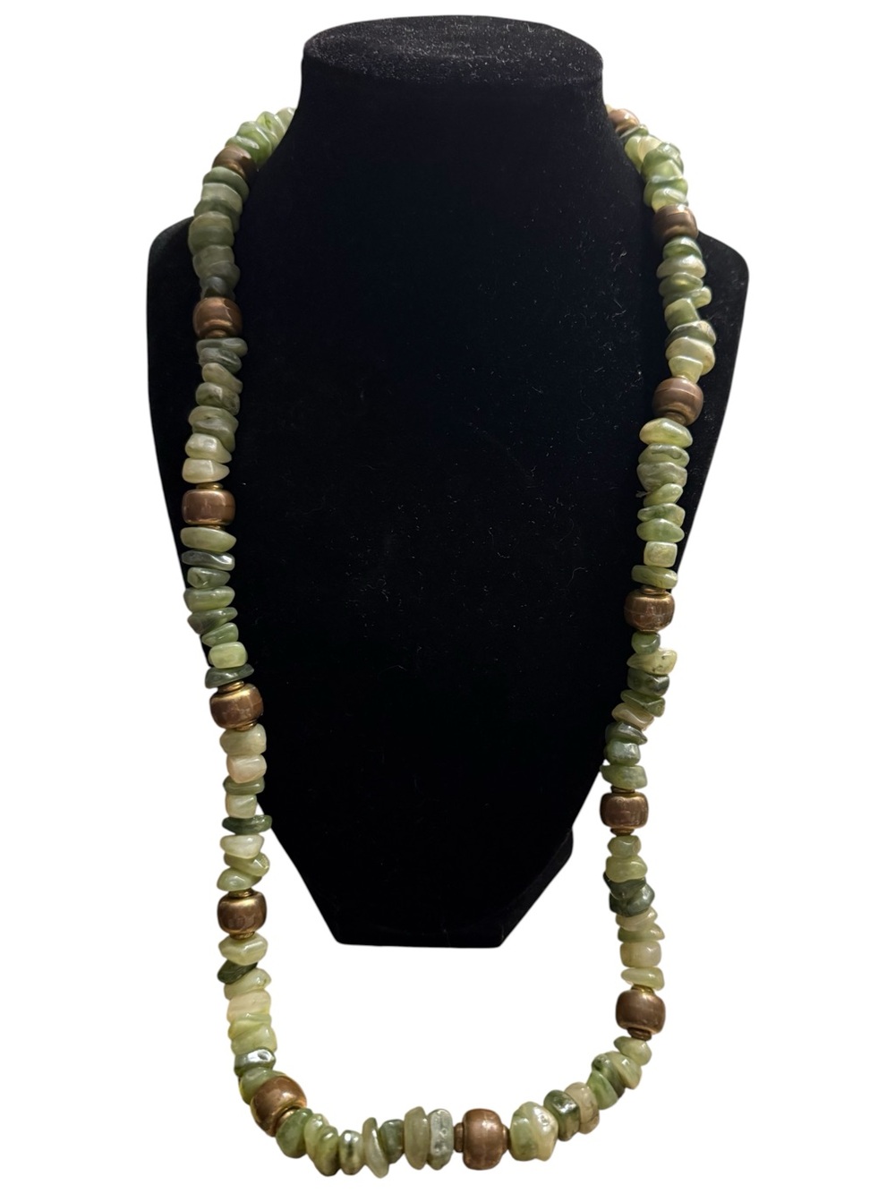 Dauplaise Long Green Stone Chip Necklace with Bronze Accent Beads